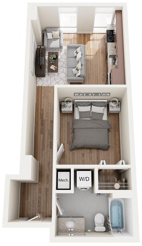 Floor plan for 1 bed, 1 bath, 500 sqft